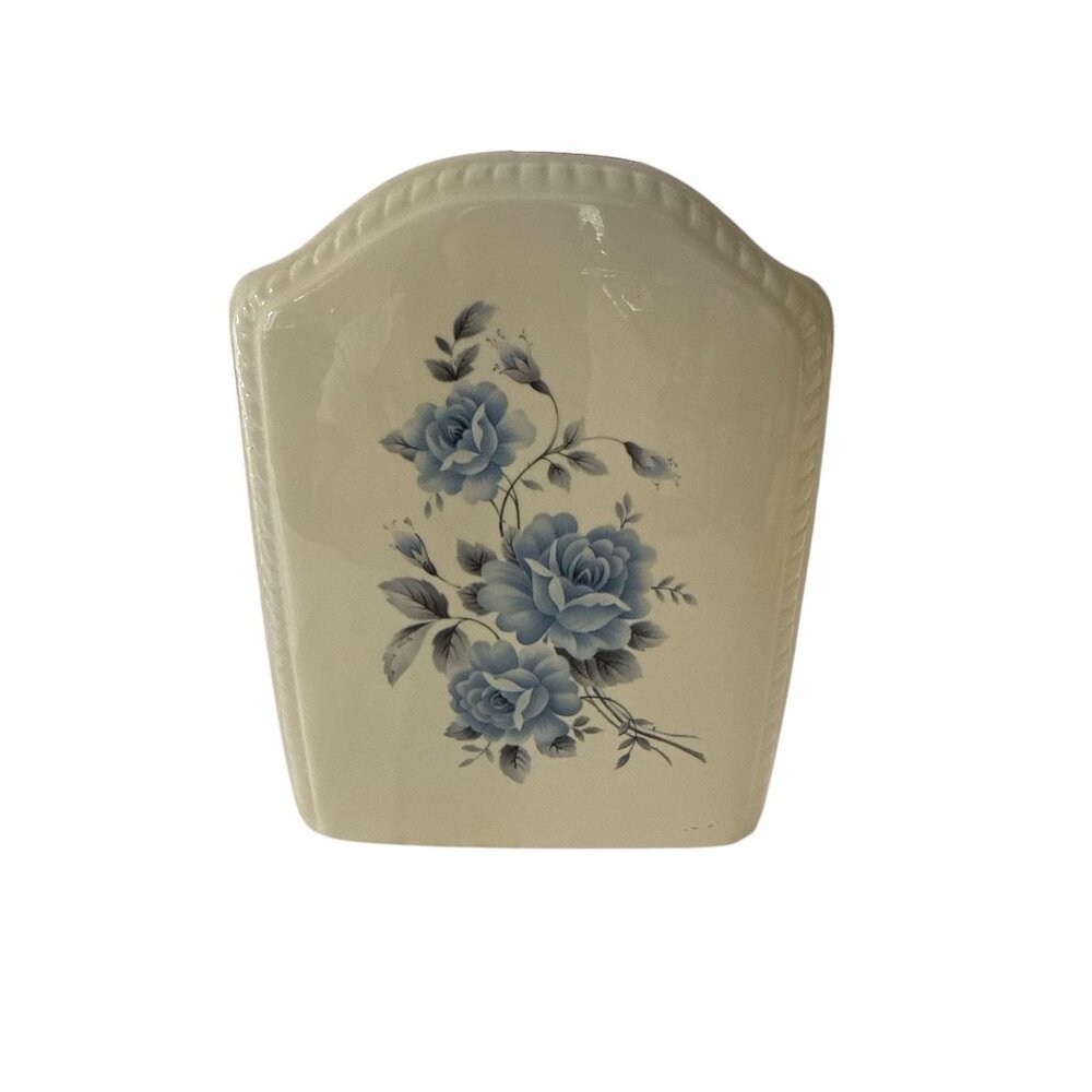 Vintage Athena USA Tissue Holder Blue Gray Roses Offwhite Porcelain